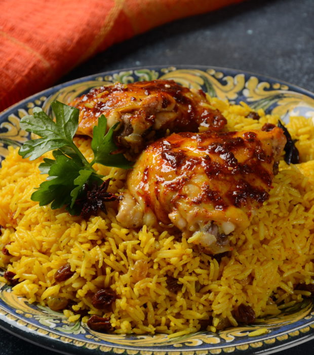 The national Saudi Arabian dish chicken kabsa with roasted chick