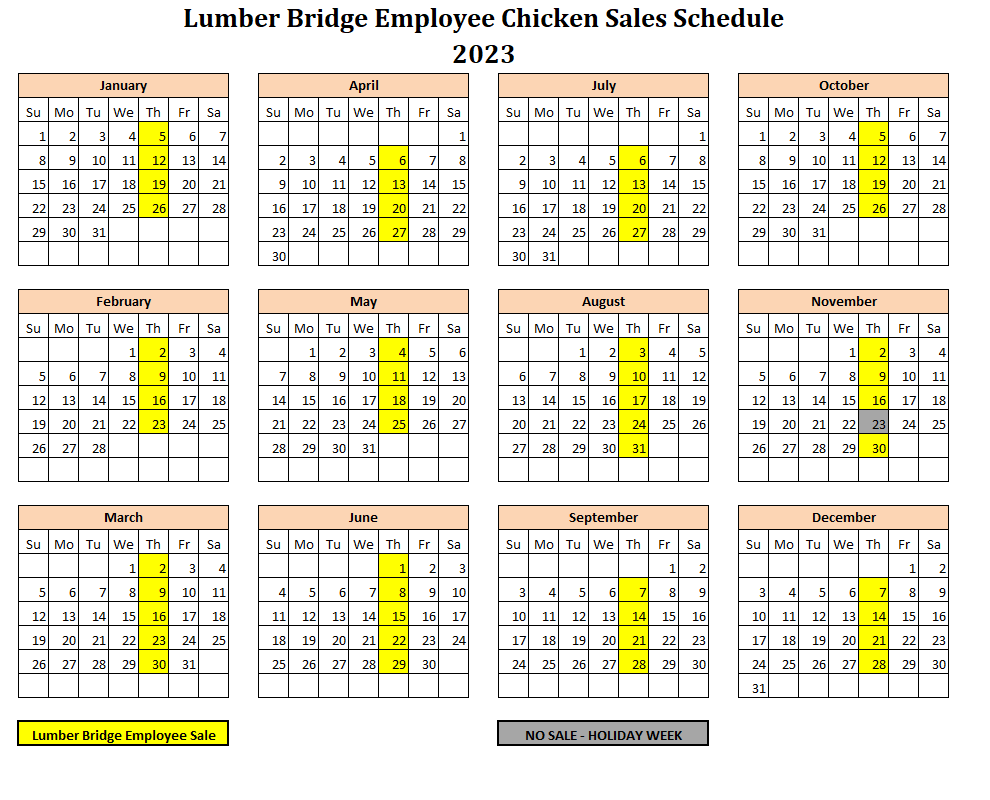Lumber Bridge Employee Chicken Sales Schedule 2023
